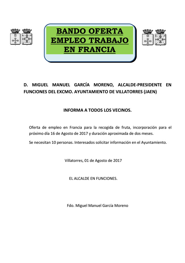 El Ayto. publica bando sobre Oferta de Empleo para trabajar en Francia 