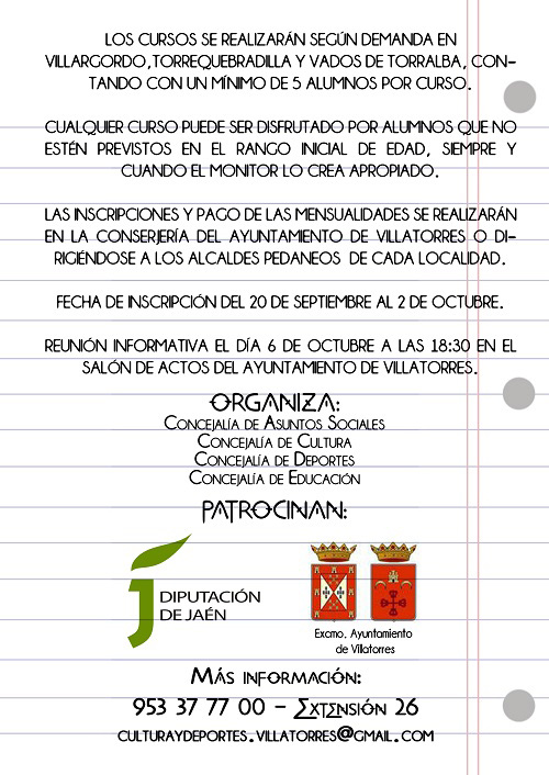 El Ayuntamiento de Villatorres abre el plazo de inscripción a las Escuelas, Cursos y Talleres municipales del curso 2017/2018