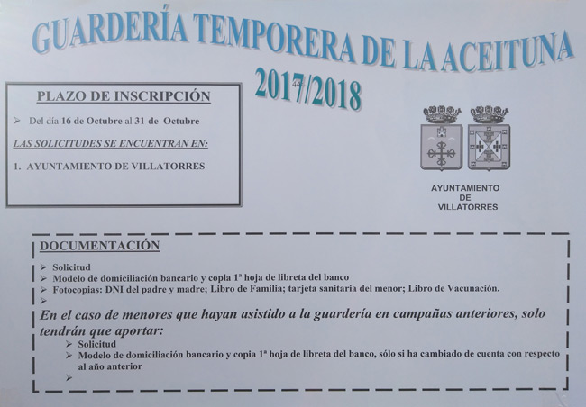 Información sobre Guardería Temporera de la Aceituna 2017/2018
