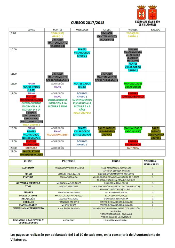 Horarios de cursos y talleres municipales del cursos 2017-2018