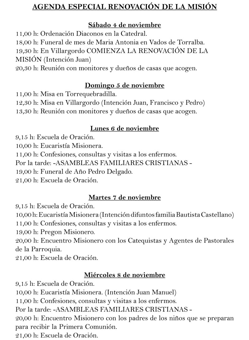 Horarios de la semana de la Renovación de la Misión