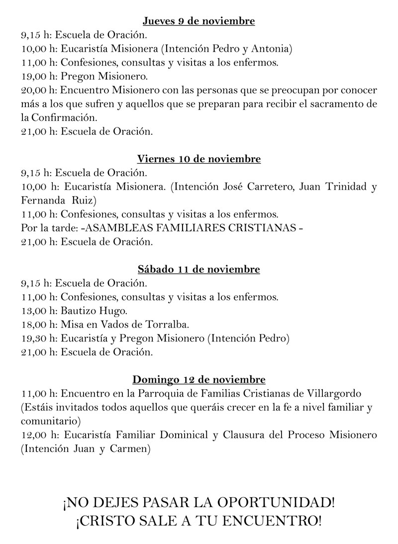 Horarios de la semana de la Renovación de la Misión