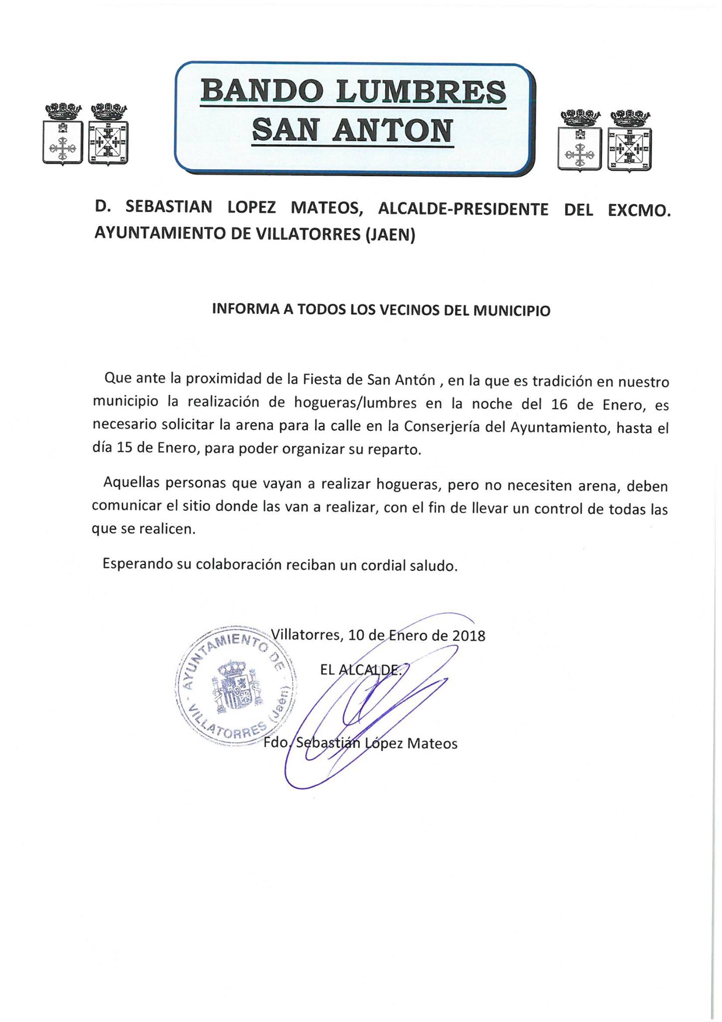 Bando referente a las Lumbres de San Antón 2018