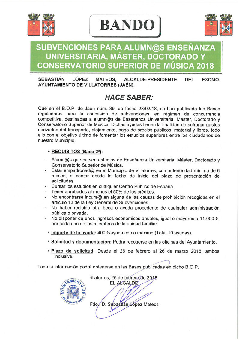 Subvenciones para alumn@s enseñanza universitaria, master, doctorado y conservatorio superior de música 2018