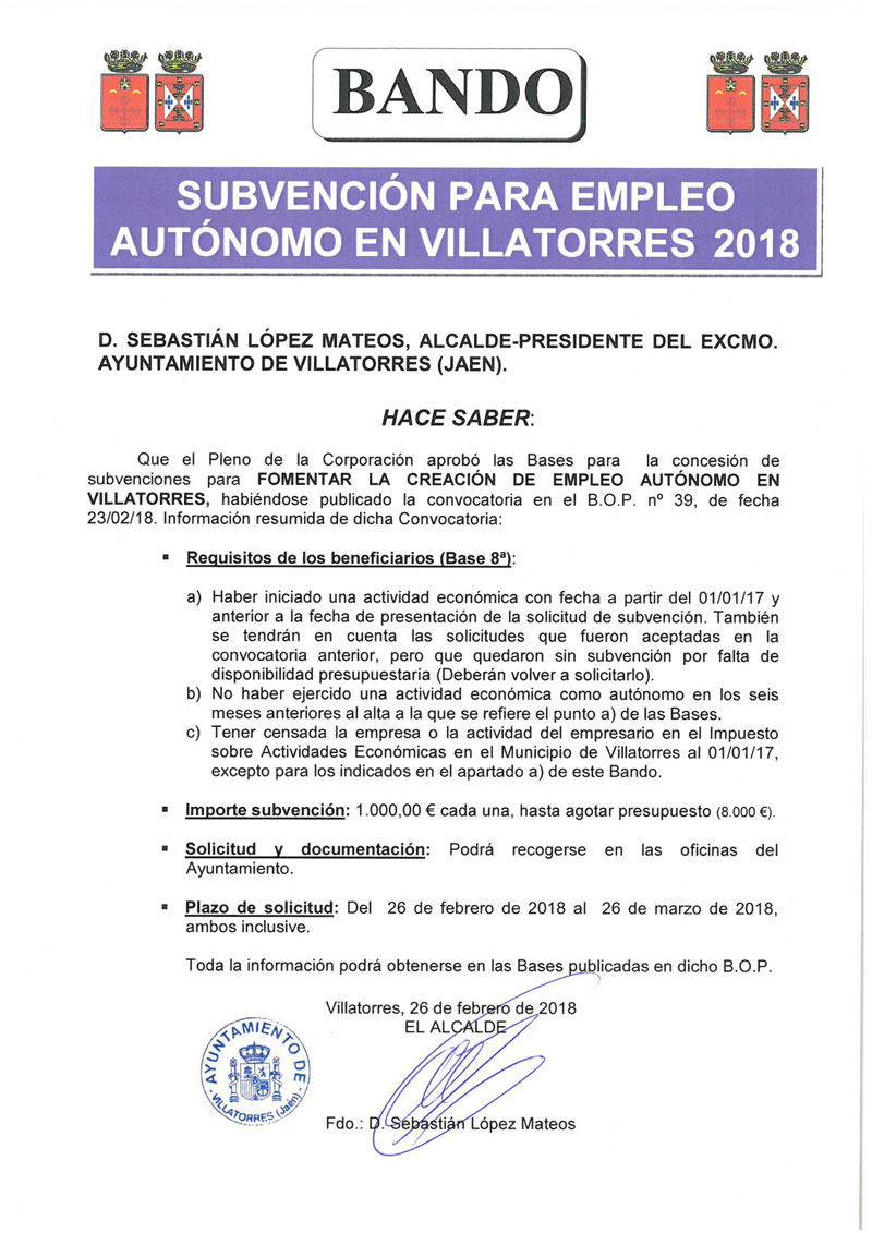 Suvención para empleo autónomo en Villatorres 2018