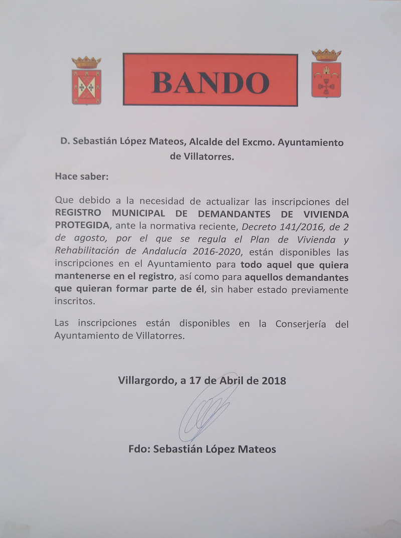 El Ayto. de Villatorres publica un bando sobre registro municipal de Vivienda Protegida