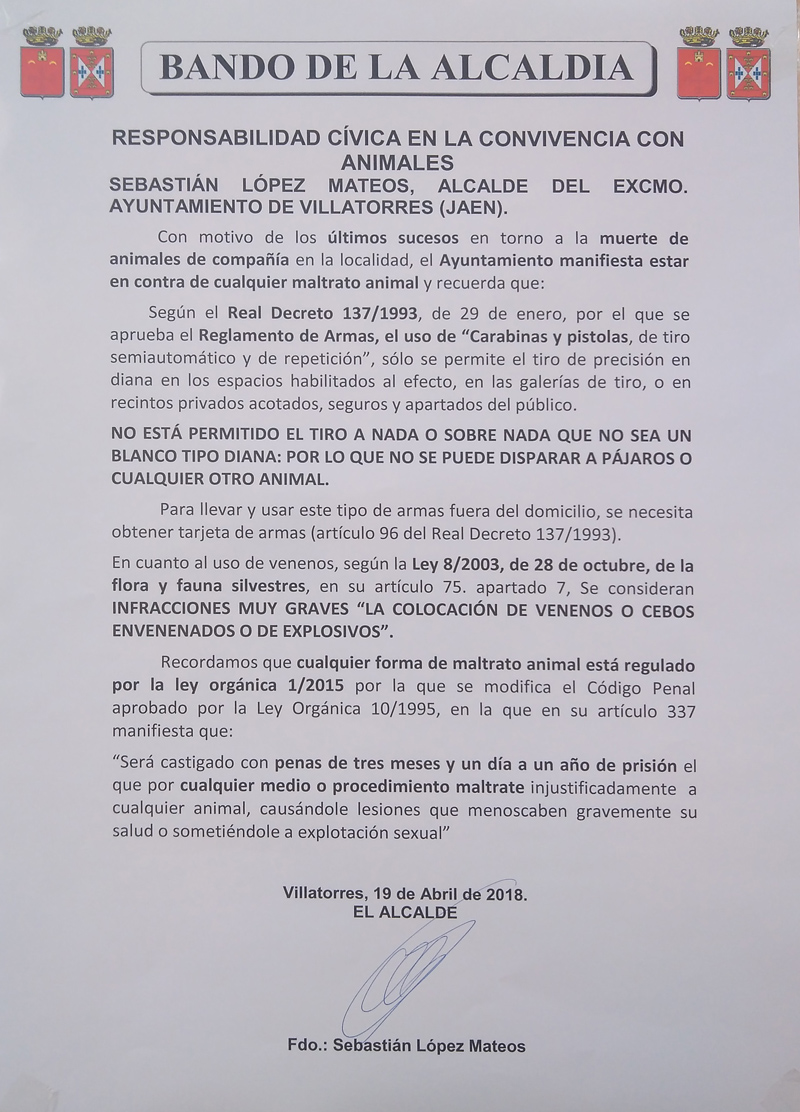 El Ayto. de Villatorres publica un bando sobre Responsabilidad cívica en la convivencia con animales