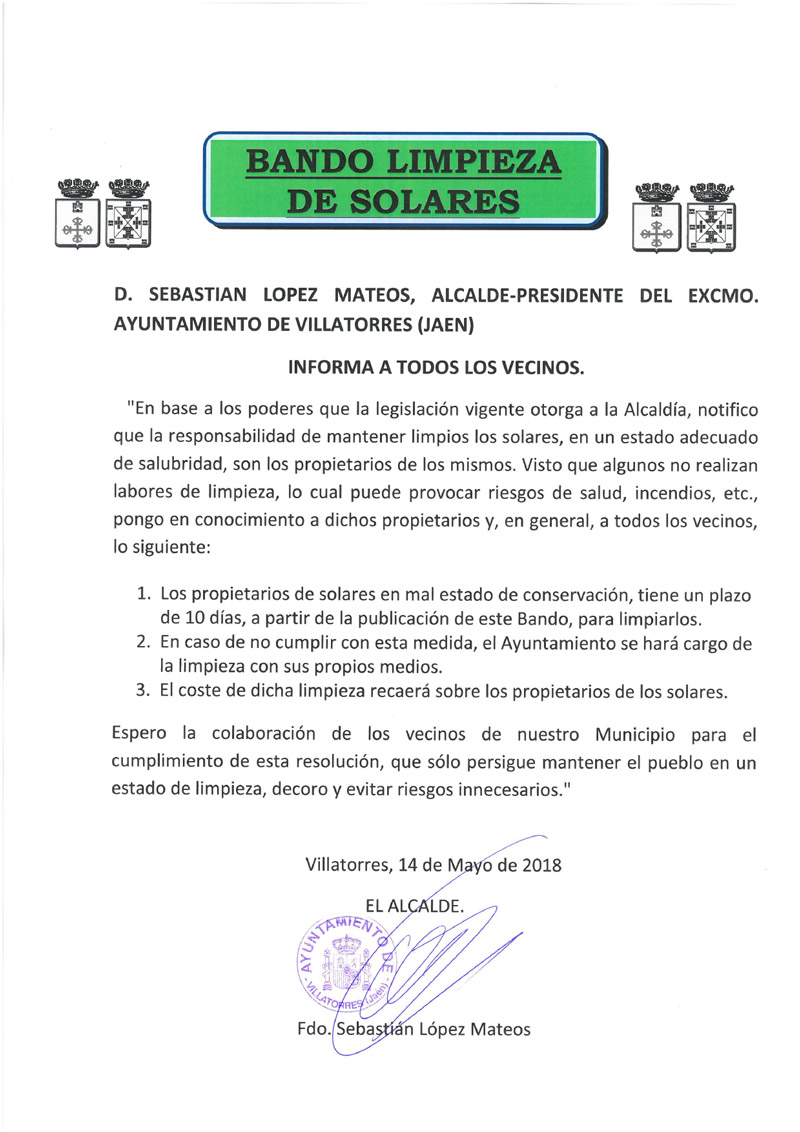 El Ayto. de Villatorres publica un bando sobre la limpieza de solares