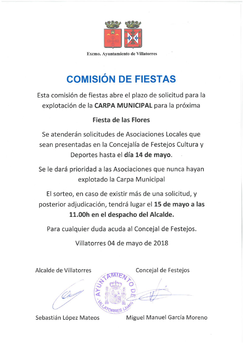 Abierto el plazo de solicitud para la explotación de la carpa municipal Fiesta de las Flores 2018
