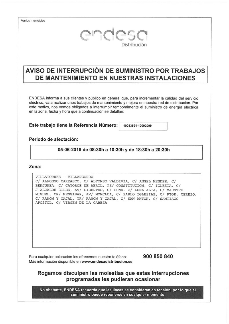 Aviso de corte de suminstro eléctrico por mantenimiento