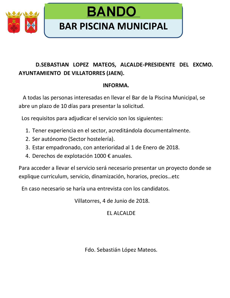 El Ayto. de Villatorres publica un bando para la gestión del bar de la piscina