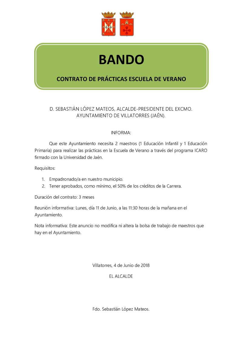 El Ayto. de Villatorres publica un bando para la contratación de prácticas de monitores para la escuela de verano