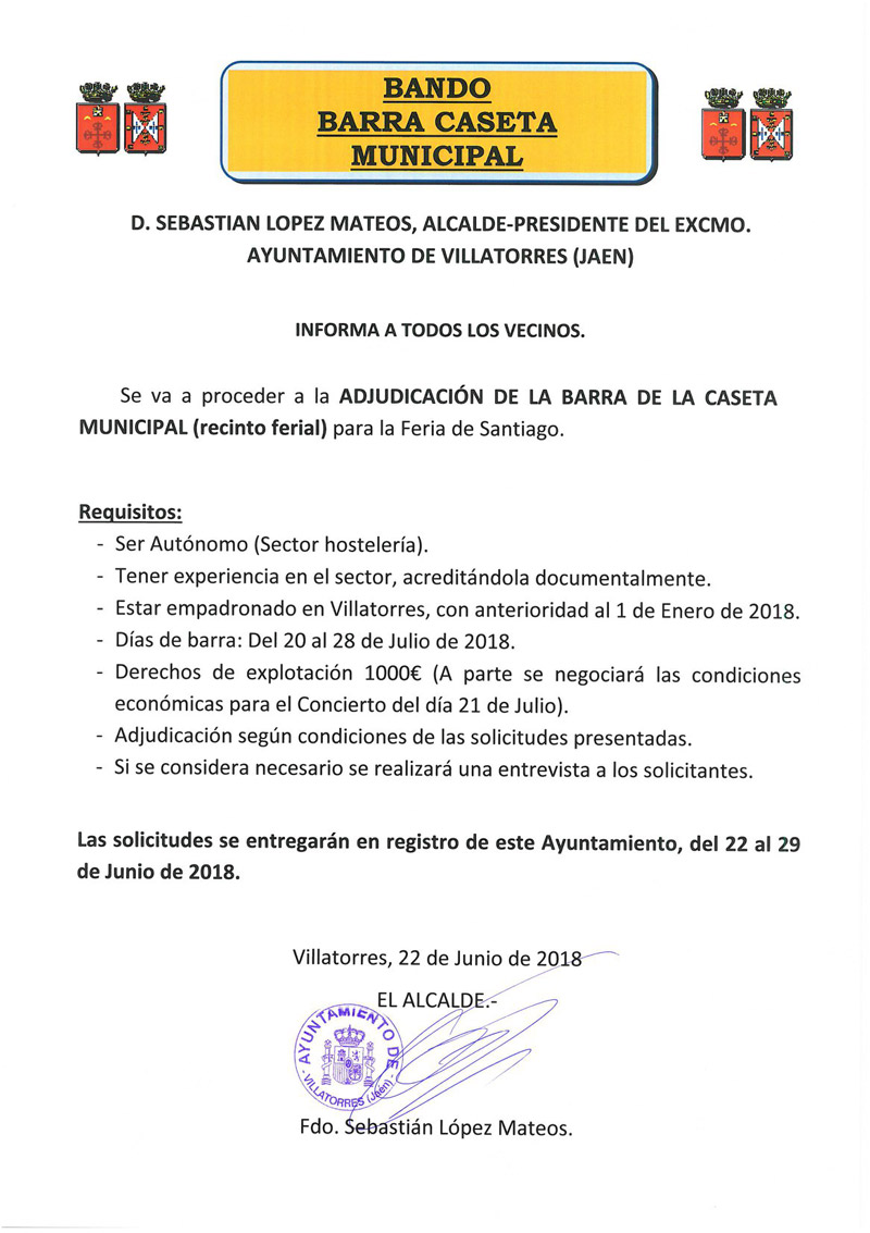 El Ayto. de Villatorres publica un bando para la gestión de la barra de la Caseta municipal 