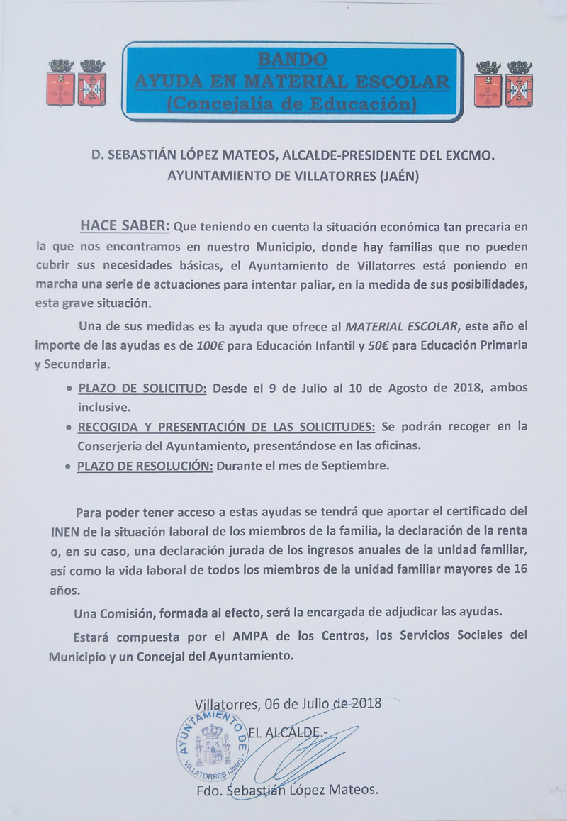 El Ayto. de Villatorres publica bando sobre ayudas para material escolar