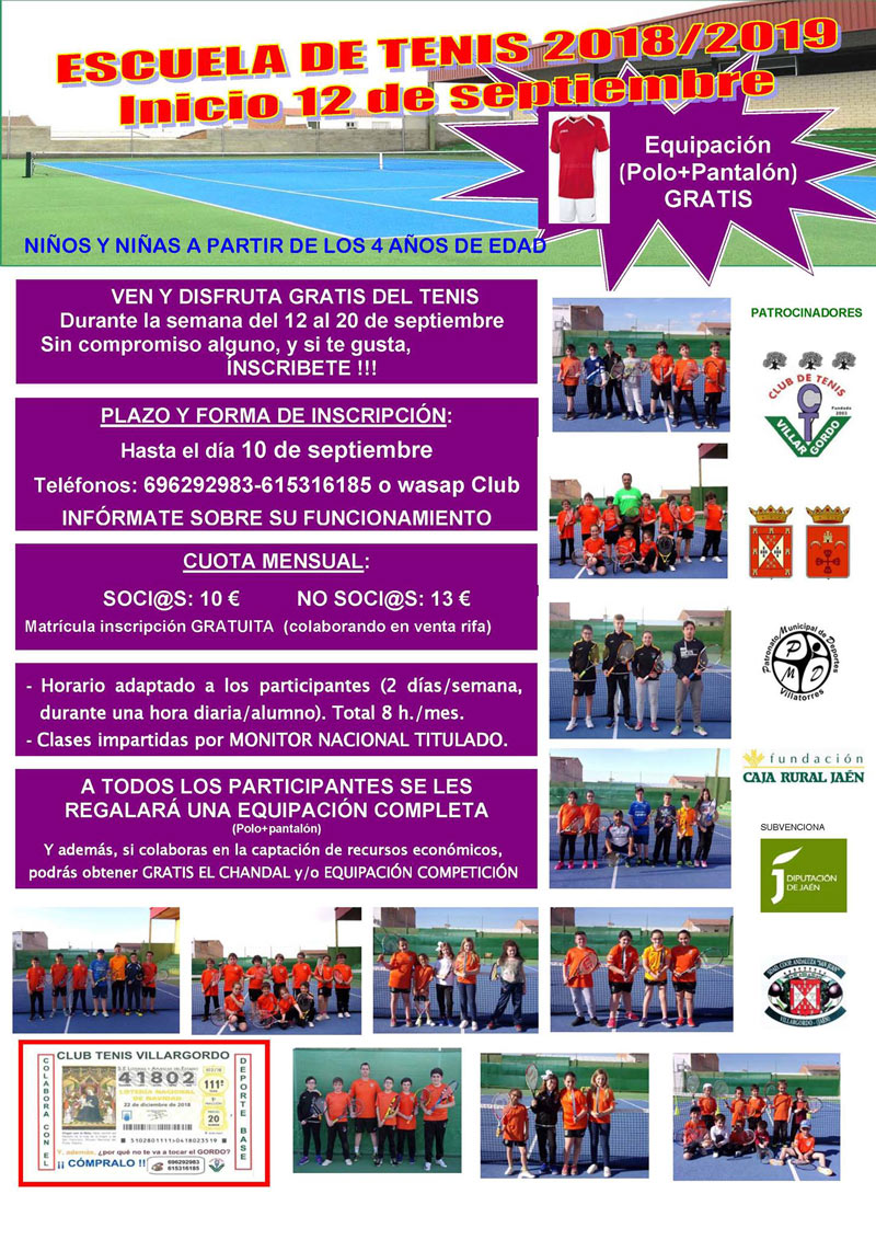 Últimos días de inscripción en la escuela de Tenis 2018-2019