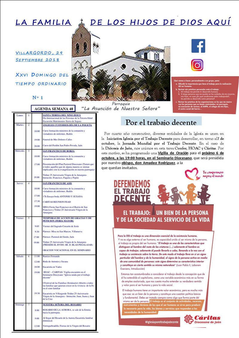 Agenda primera semana de octubre de la Parroquia de Villargordo