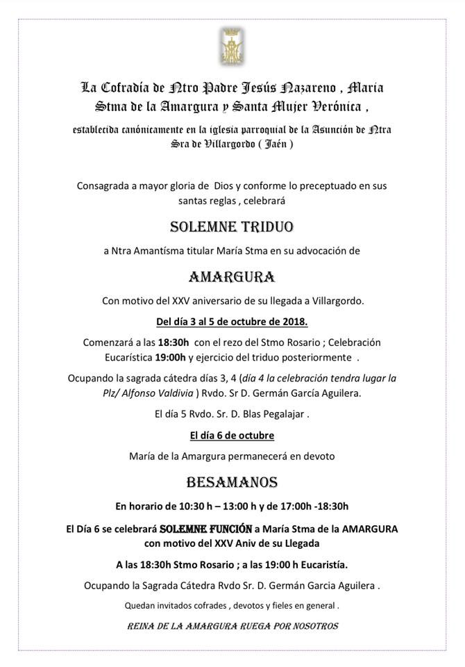 Agenda primera semana de octubre de la Parroquia de Villargordo