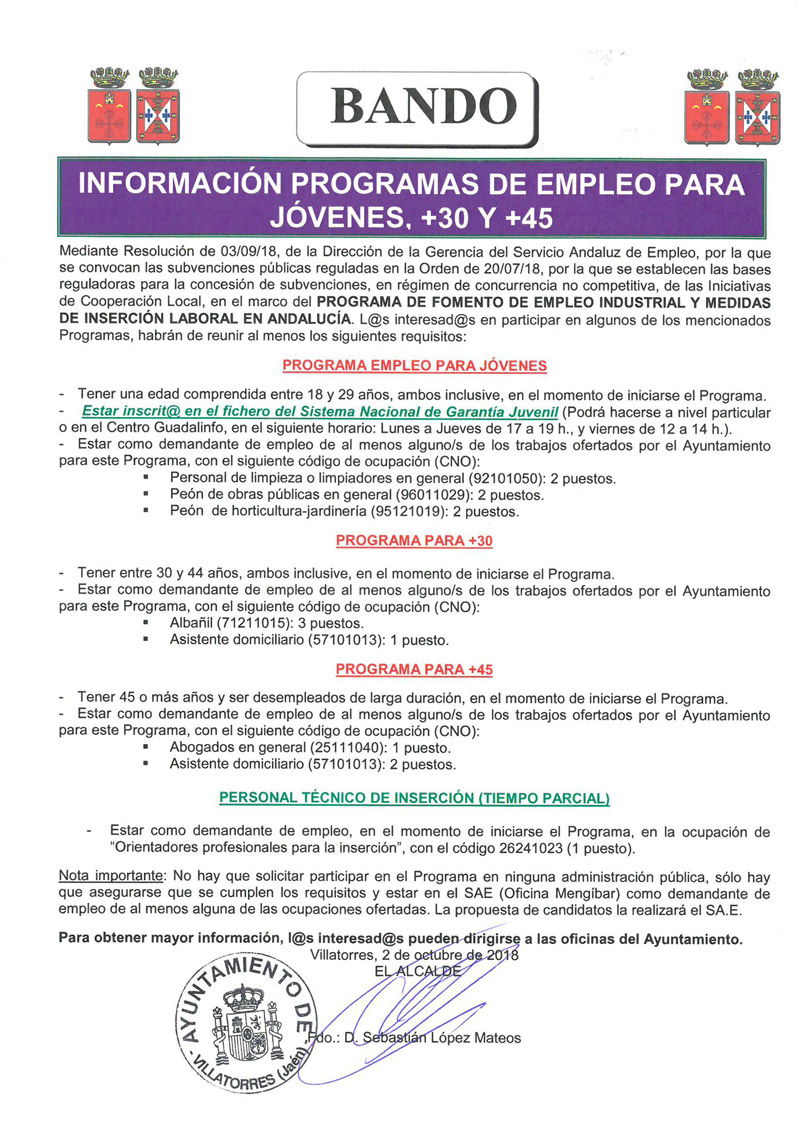 El Ayto. de Villatorres publica bando informativo sobre los planes de empleo