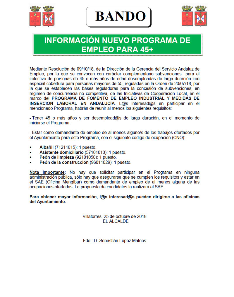 El Ayto. de Villatorres publica bando informativo sobre Plan de empleo 45+