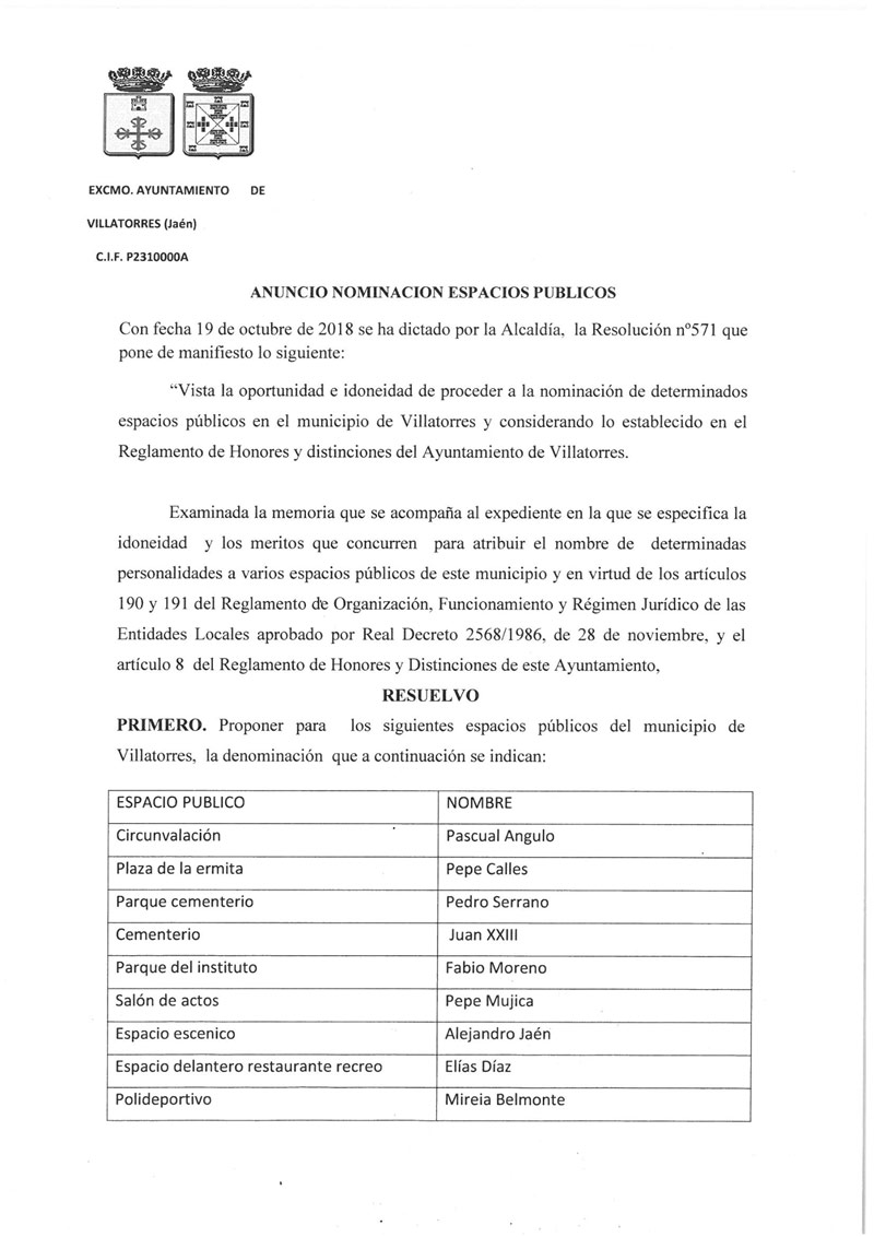 El Ayto. de Villatorres publica un anuncio sombre el nombramiento de espacios públicos
