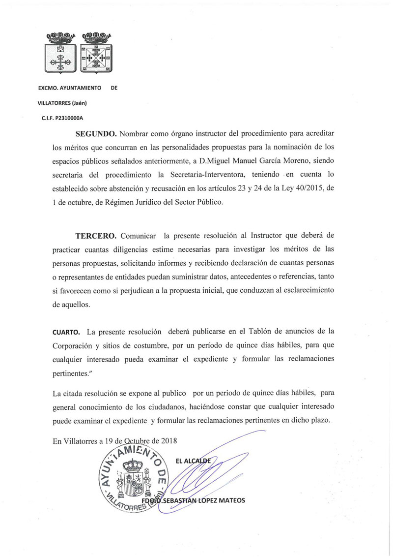 El Ayto. de Villatorres publica un anuncio sombre el nombramiento de espacios públicos