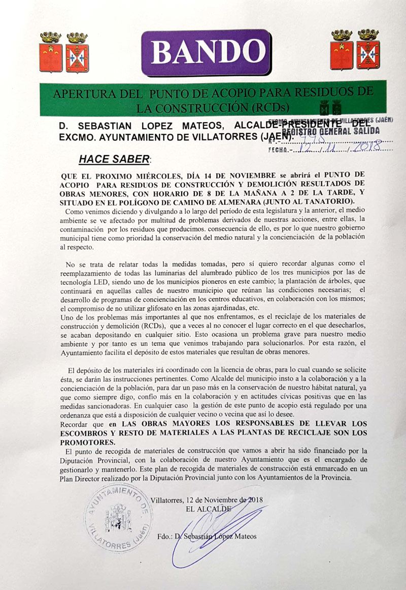 El Ayto. de Villatorres publica un bando informando sobre la apertura del punto de acopio para RCDs