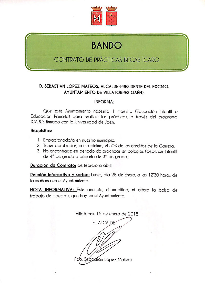 El Ayto. de Villatorres publica bando informativo sobre contrato de prácticas a través de Ícaro
