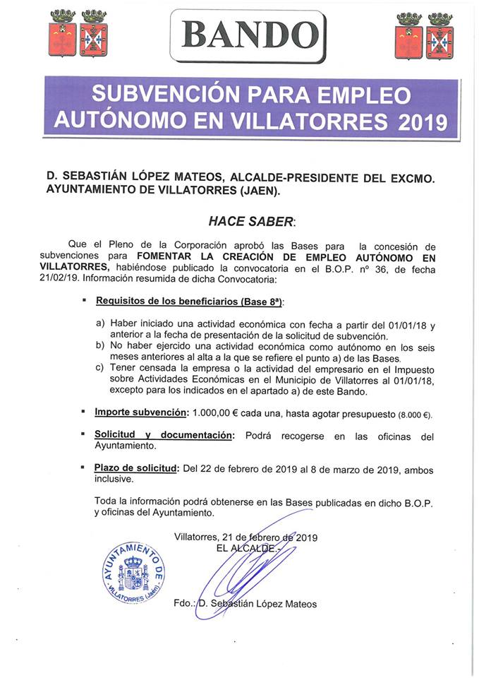 Bases de las ayudas a la creación de empleo del Ayto. de Villatorres