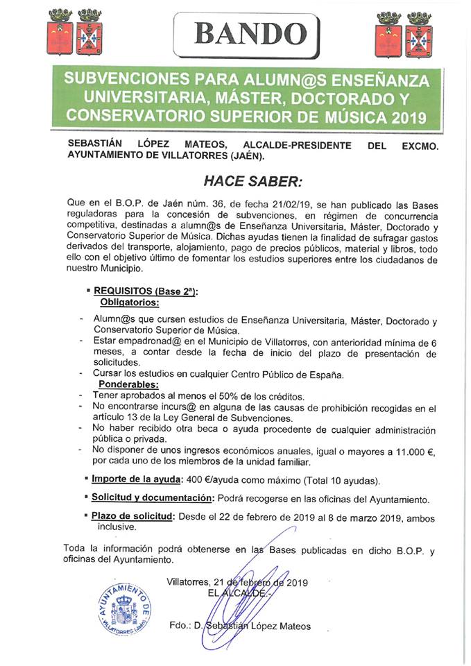 Bases de las ayudas al estudio del Ayto. de Villatorres