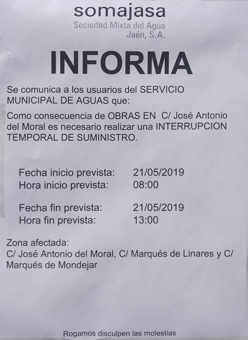 Somaja informa de corte de suministro en algunas calles
