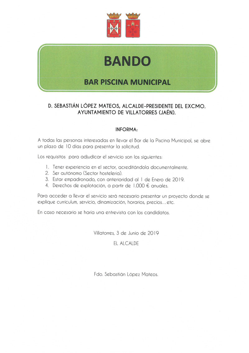 El Ayto. de Villatorres publica bando sobre la gestión del bar de la piscina