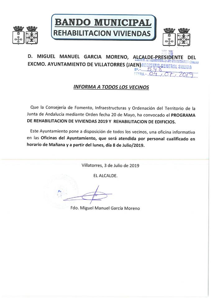Bando del Alcalde sobre el Programa de Rehabilitación de Viviendas y Edificios 2019