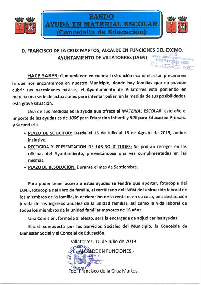 Abierto el plazo de solicitud para ayudas de material escolar