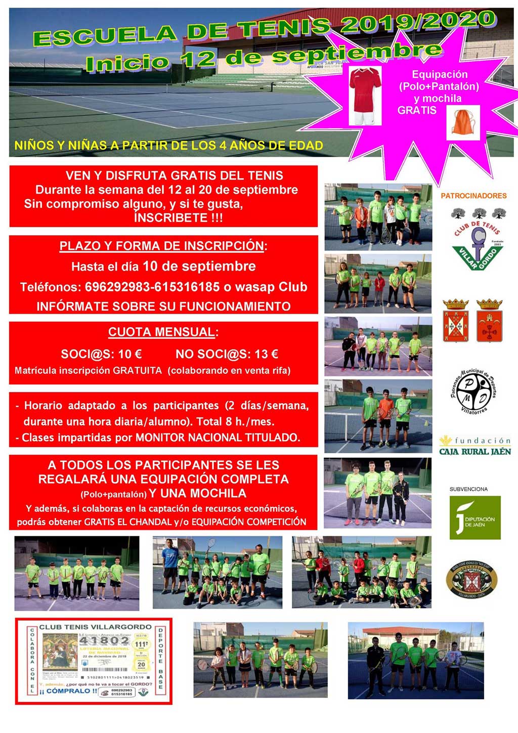 Abierto el plazo de inscripción para la Escuela de Tenis 2019/2020