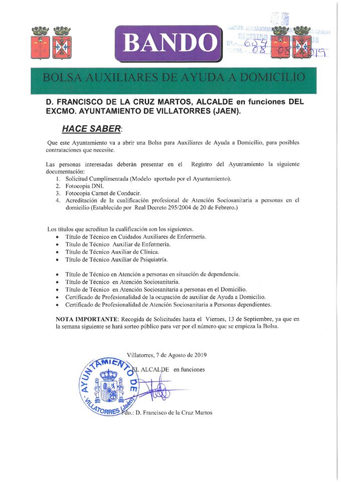 Bando sobre Bolsa de Auxiliares de Ayuda a Domicilio