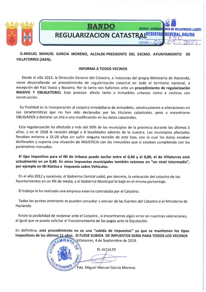 Bando del Alcalde sobre la Regularización Catastral