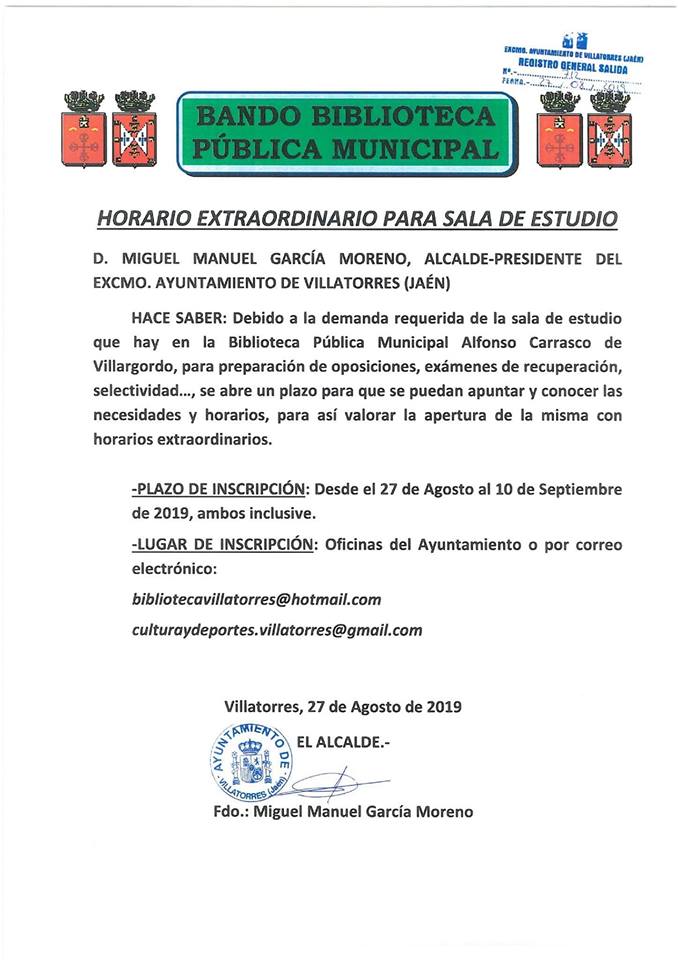 Bando del Alcalde sobre los Horarios Extraordinarios de la Sala de Estudios de la Biblioteca 