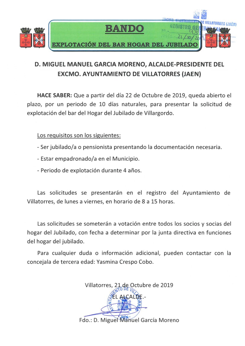 El Ayto. de Villatorres publica bando sobre la explotación del bar del jubilado
