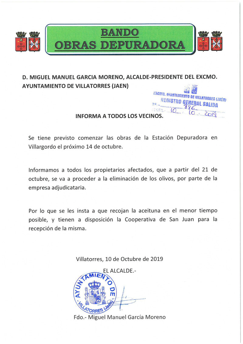 El Ayto. de Villatorres publica bando sobre el inicio de las obras de la depuradora