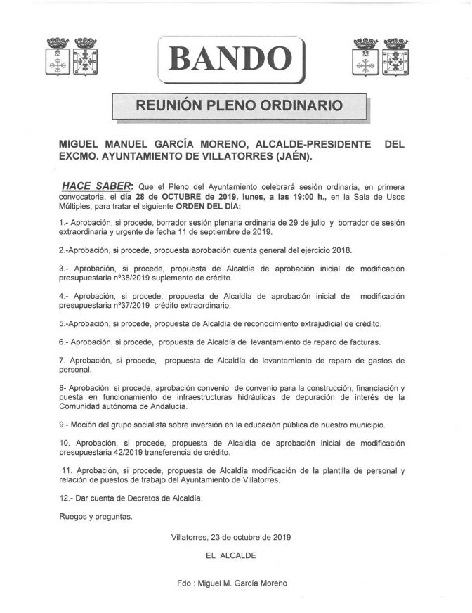 El Ayto. de Villatorres publica bando sobre Pleno ordinario el 28 de octubre