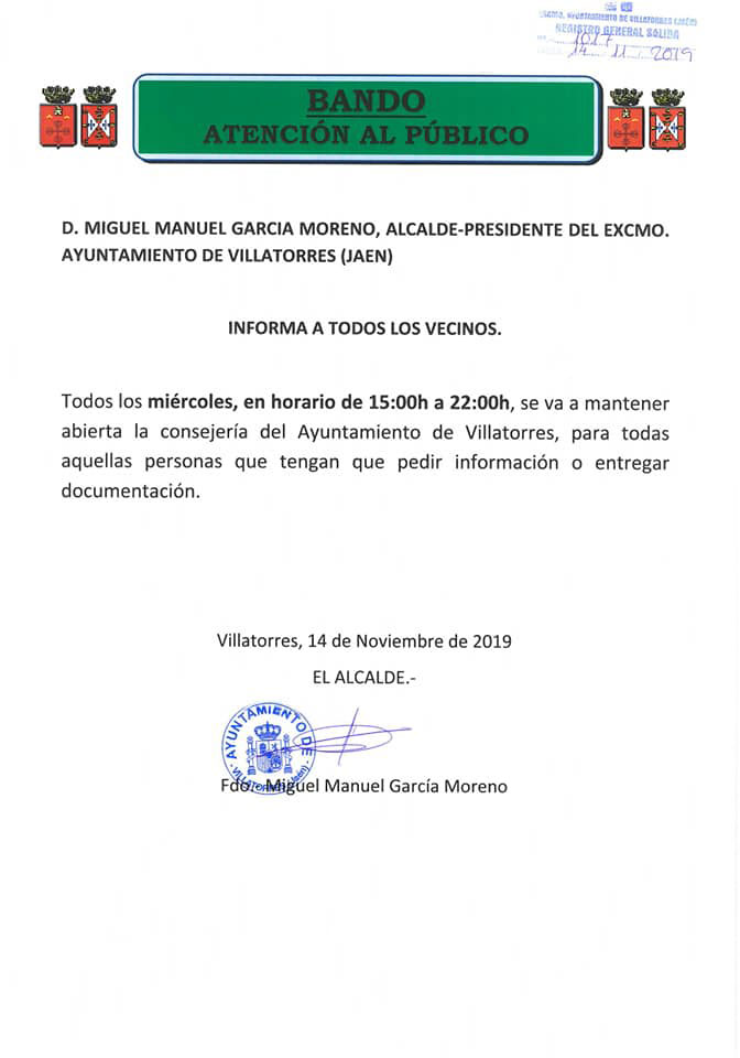 El Ayto. de Villatorres publica bando informando de la ampliación de horario de atención al público