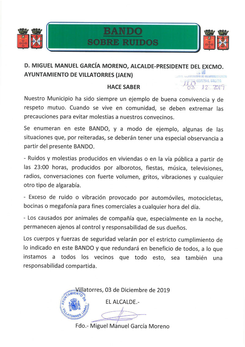 El Ayto. de Villatorres publica bando sobre la regulación del ruido