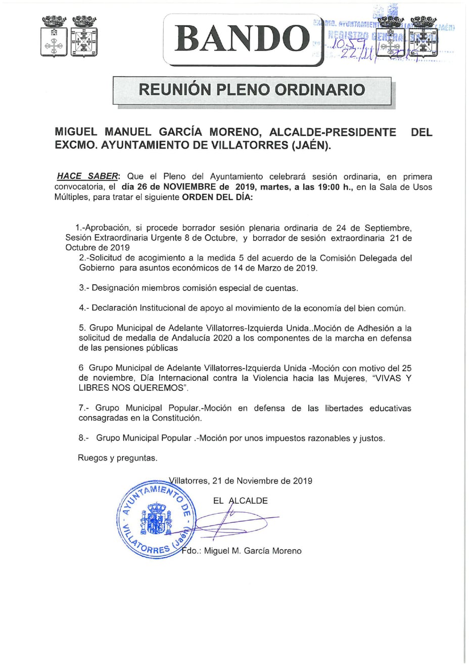 El Ayto. de Villatorres publica bando sobre Pleno ordinario el 26 de noviembre