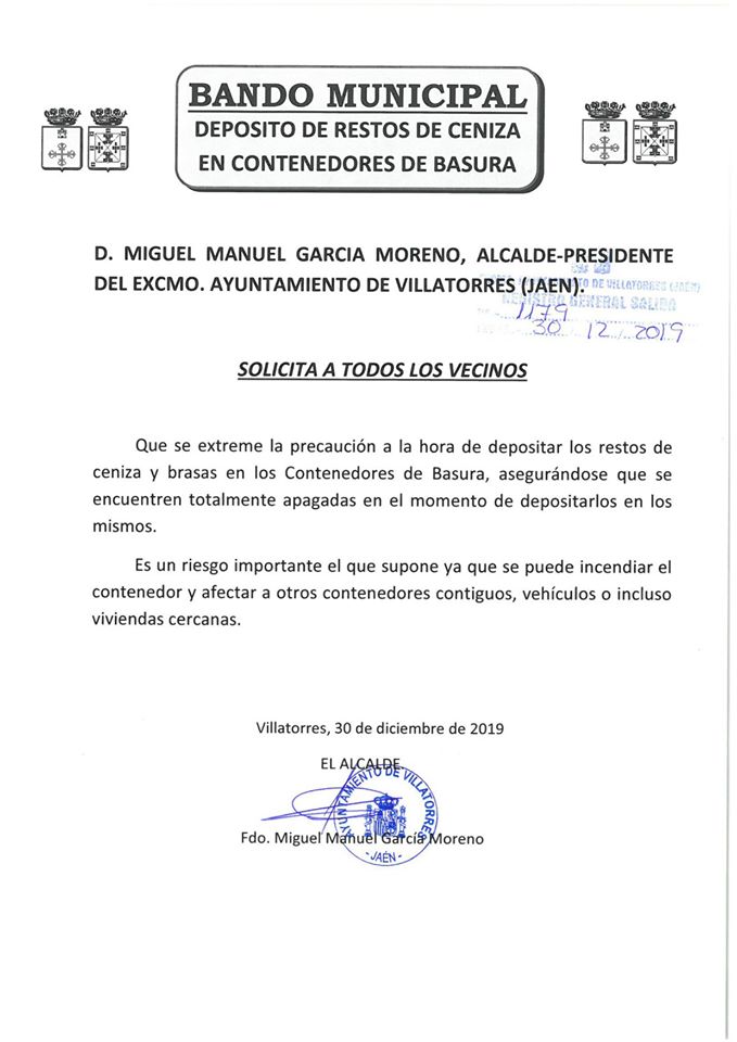 Bando sobre depósito de restos de ceniza en contenedores