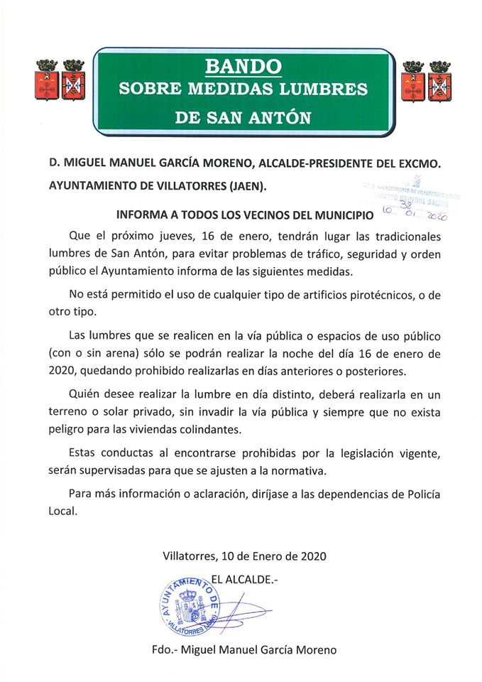El Ayuntamiento publica bando sobre medidas a adoptar en las lumbres de S. Antón