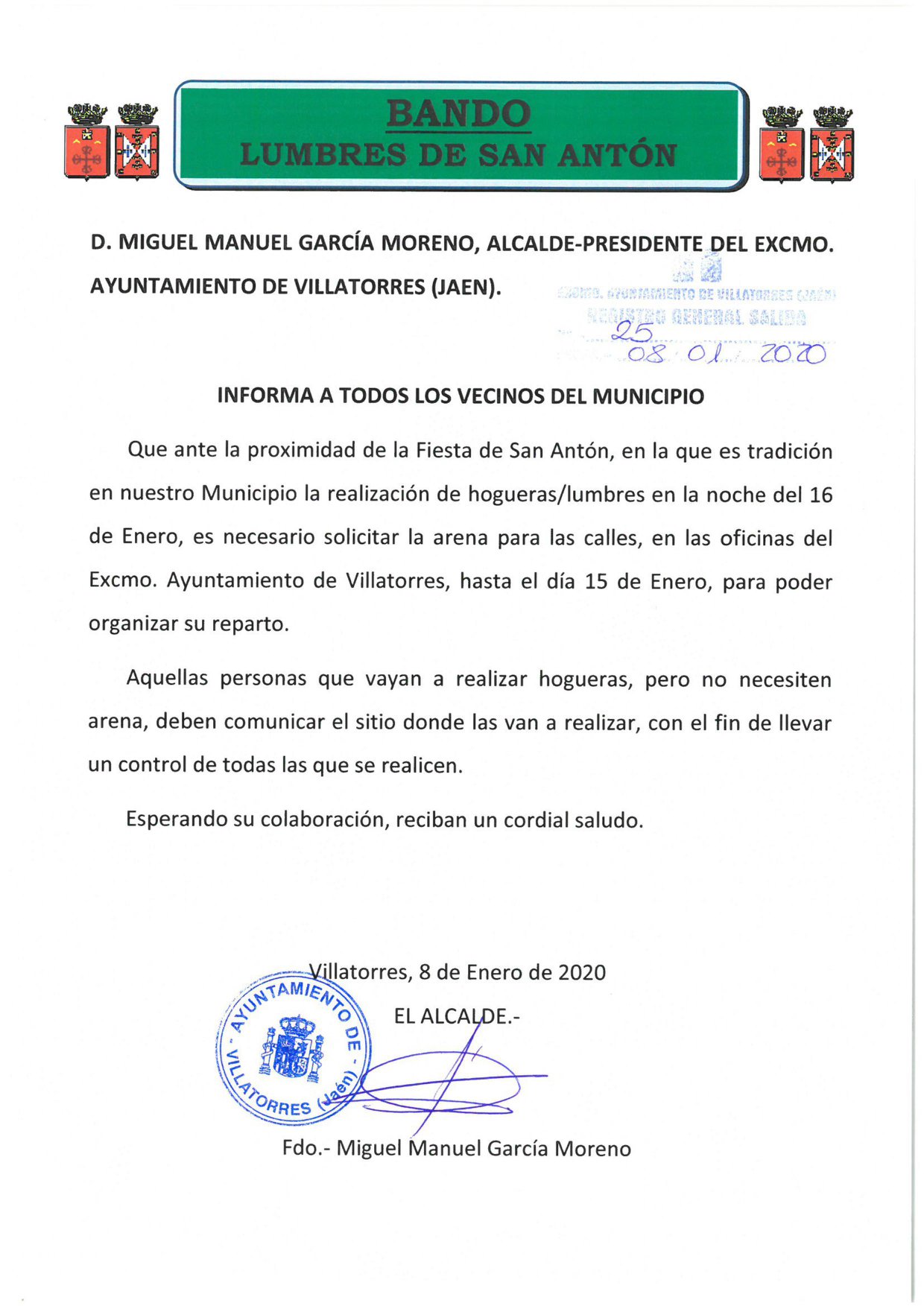 El Ayto. de Villatorres publica bando sobre las lumbres de San Antón