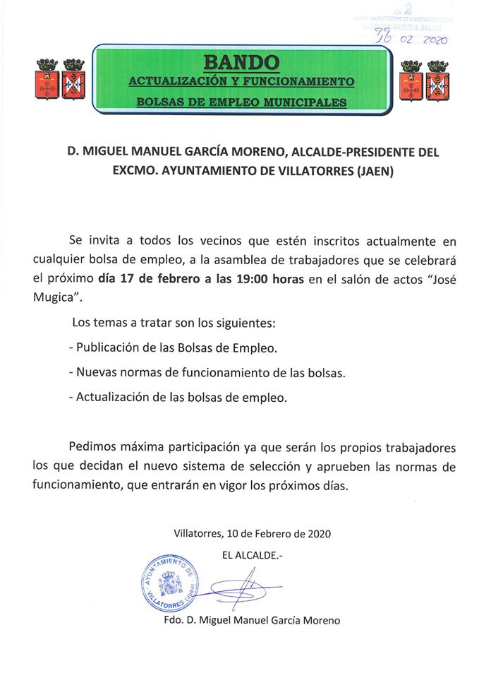El Ayto. publica Bando sobre actualización y funcionamiento de bolsas de empleo