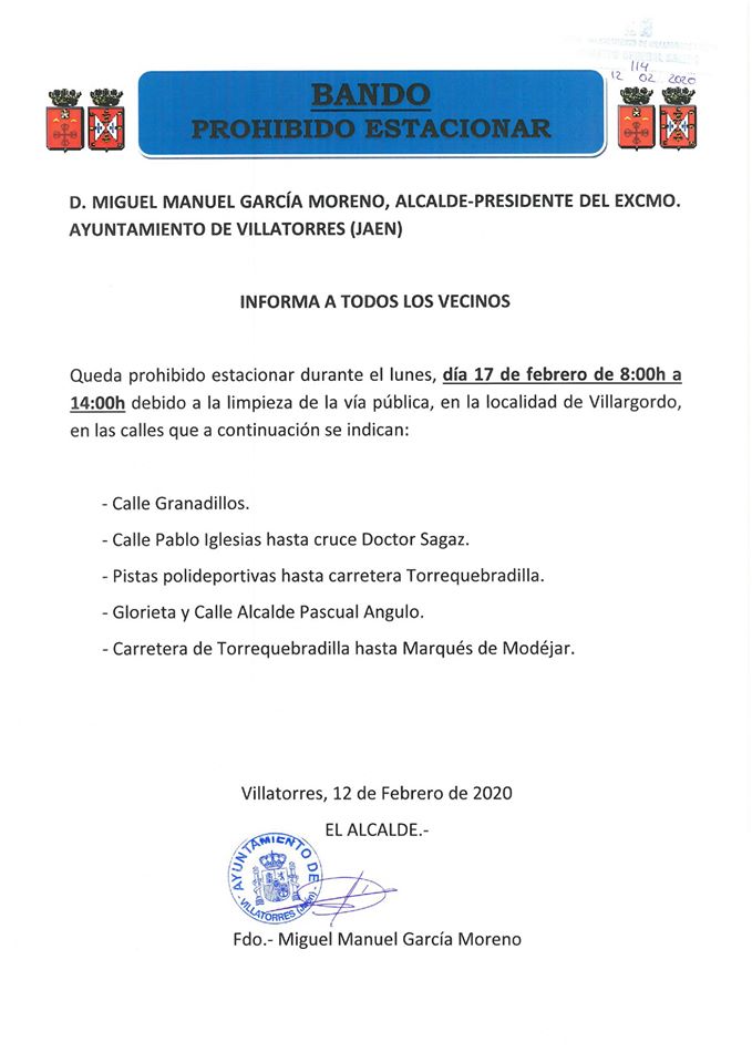El Ayto. publica Bando sobre prohibición de estacionamiento por limpieza viaria