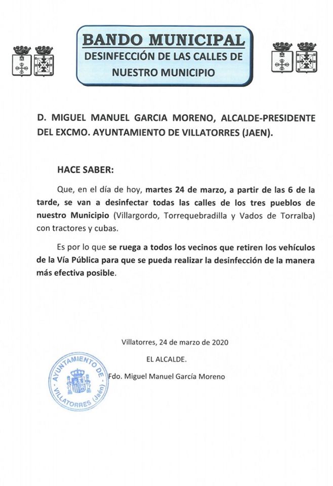 Bando sobre desinfección de calles