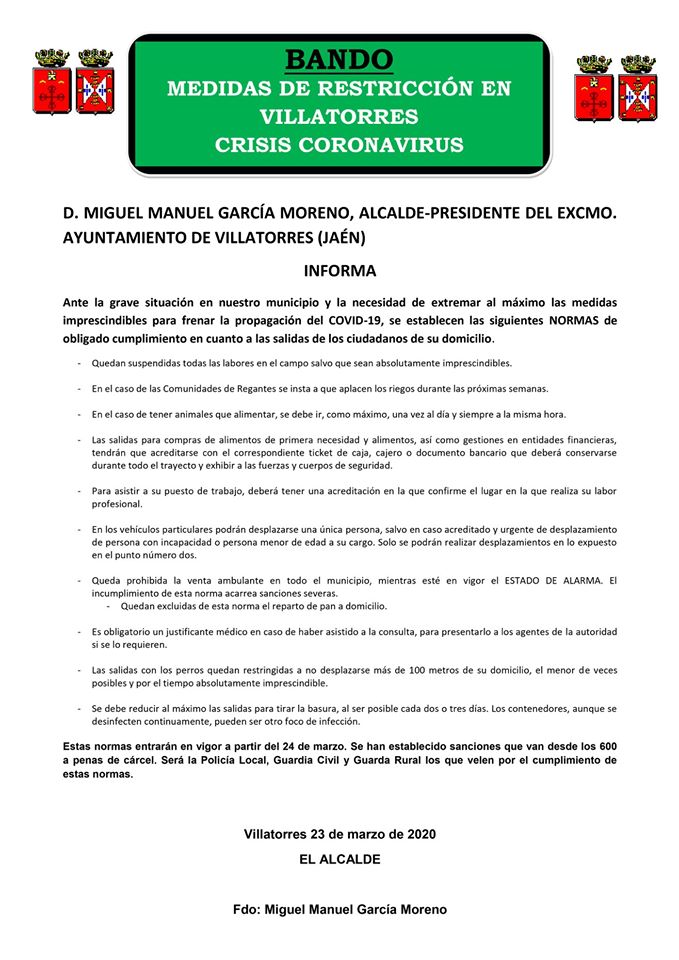 Bando sobre medidas de restricción por Coronavirus